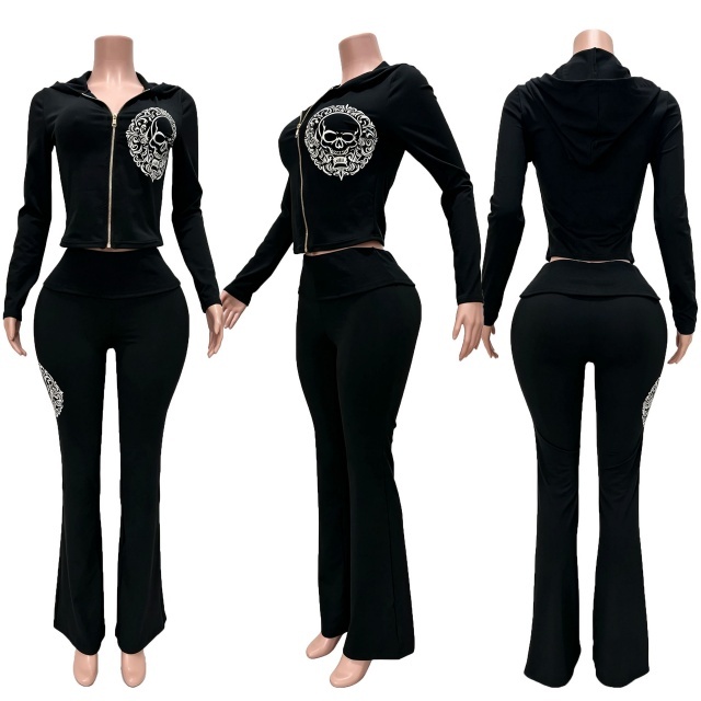 Chic Printed Hooded Top Flare Pant Set
