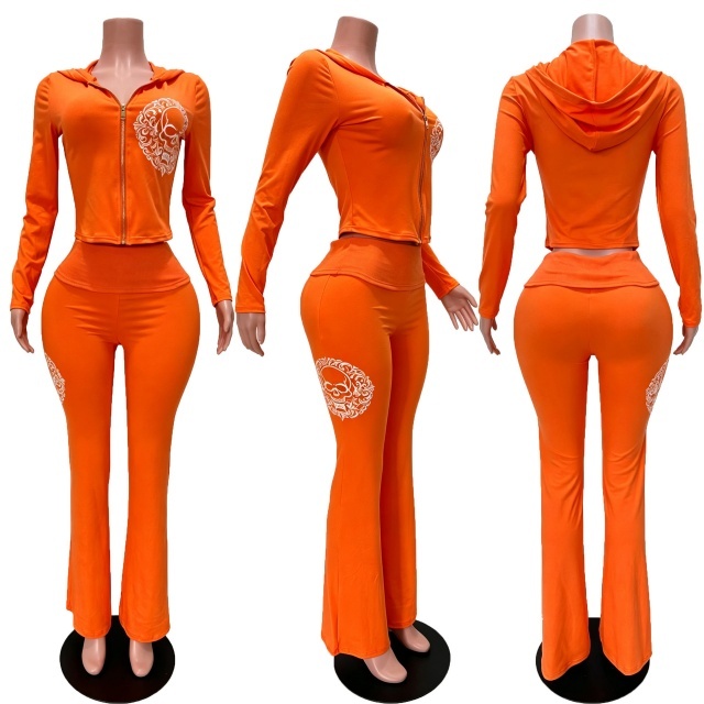 Chic Printed Hooded Top Flare Pant Set
