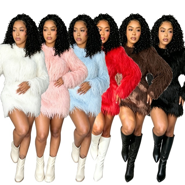 Solid Color Fur Long Sleeve Top Mini Skirt Set
