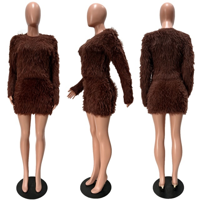 Solid Color Fur Long Sleeve Top Mini Skirt Set