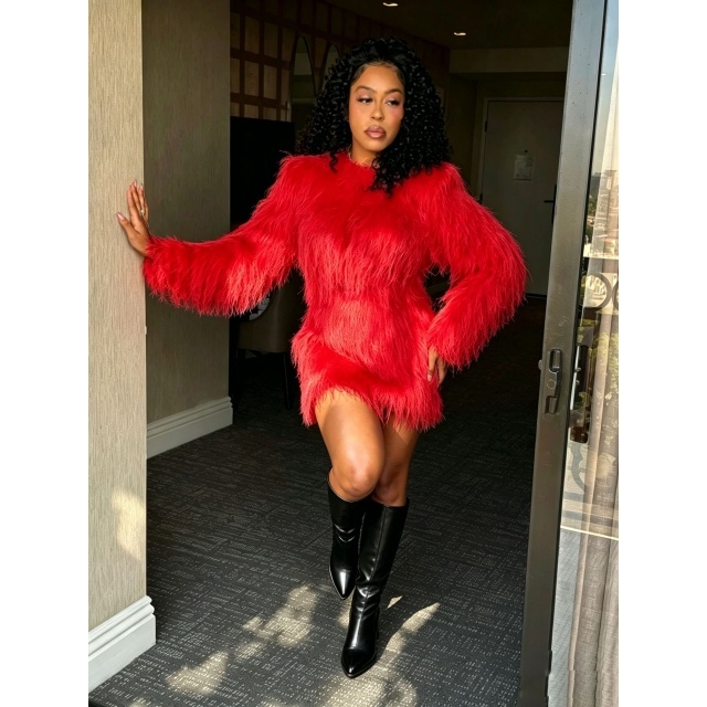 Solid Color Fur Long Sleeve Top Mini Skirt Set