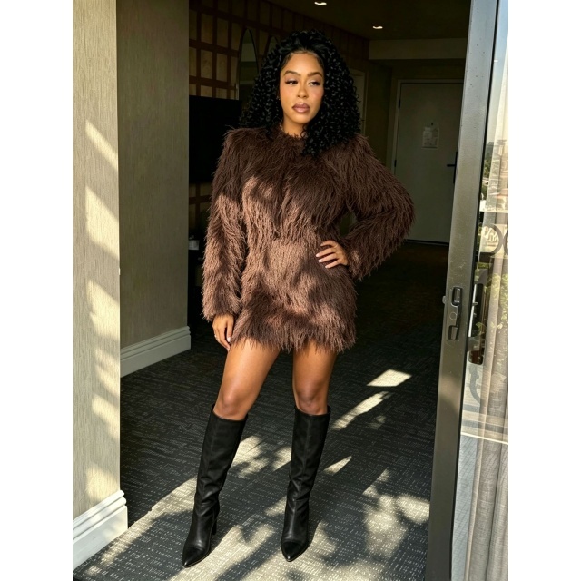 Solid Color Fur Long Sleeve Top Mini Skirt Set