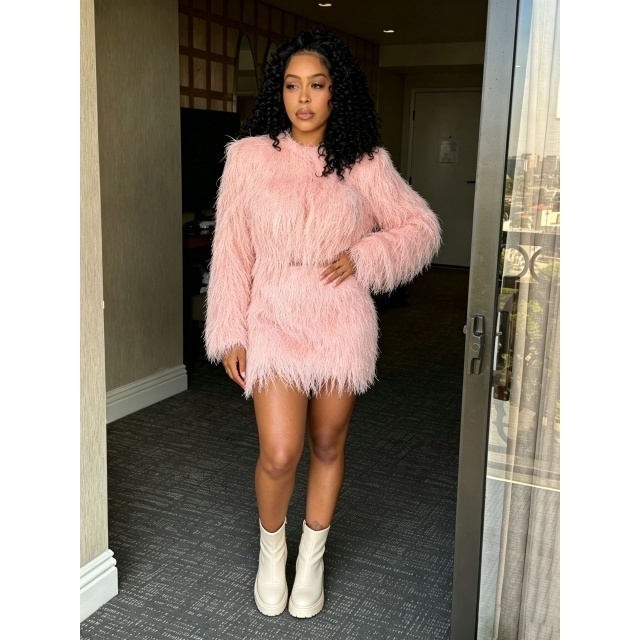Solid Color Fur Long Sleeve Top Mini Skirt Set