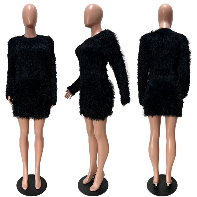 Solid Color Fur Long Sleeve Top Mini Skirt Set