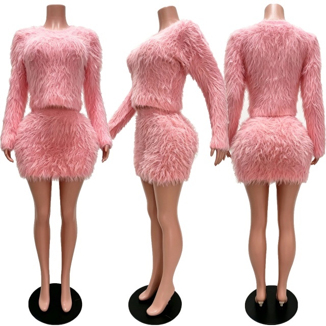Solid Color Fur Long Sleeve Top Mini Skirt Set