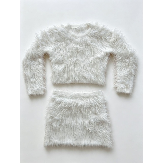 Solid Color Fur Long Sleeve Top Mini Skirt Set
