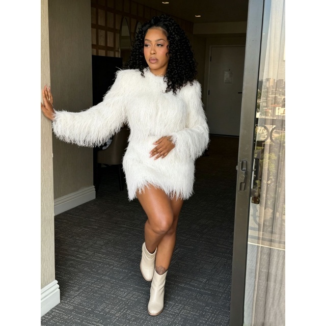 Solid Color Fur Long Sleeve Top Mini Skirt Set