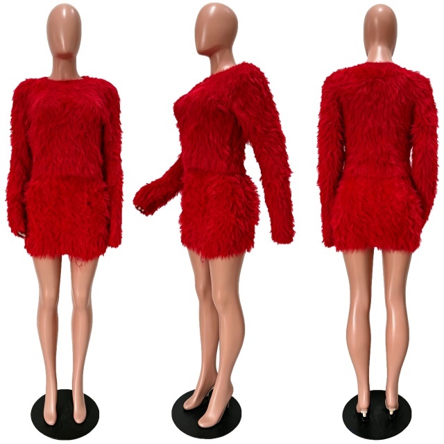 Solid Color Fur Long Sleeve Top Mini Skirt Set