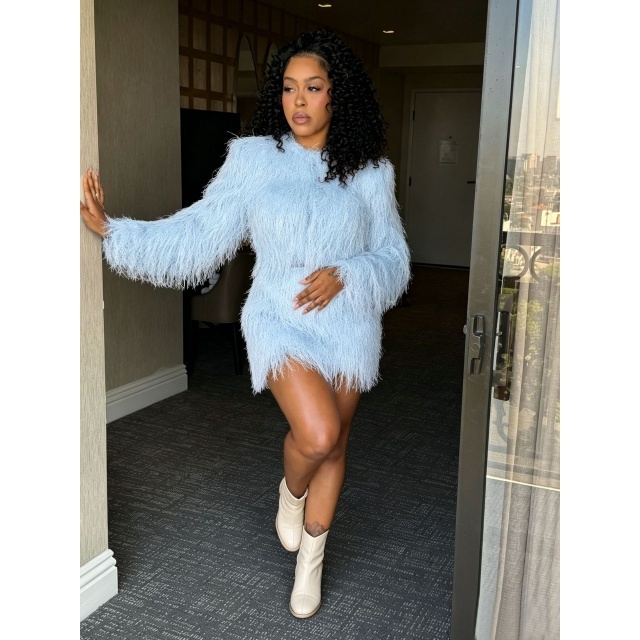 Solid Color Fur Long Sleeve Top Mini Skirt Set