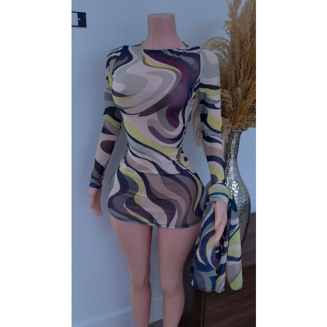 Colorblock Printed Sheer Mesh Bodycon Dress with Headbrand
