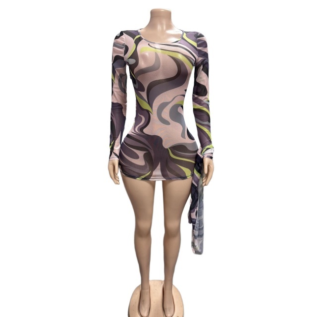 Colorblock Printed Sheer Mesh Bodycon Dress with Headbrand