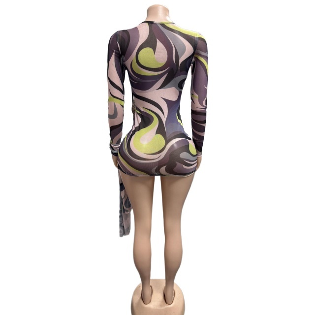 Colorblock Printed Sheer Mesh Bodycon Dress with Headbrand