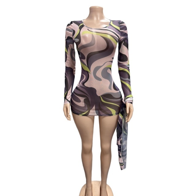 Colorblock Printed Sheer Mesh Bodycon Dress with Headbrand