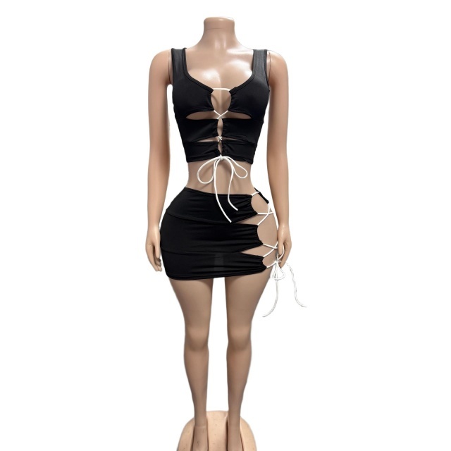 Hollow Out Laced-up Tank Top Mini Skirt Set