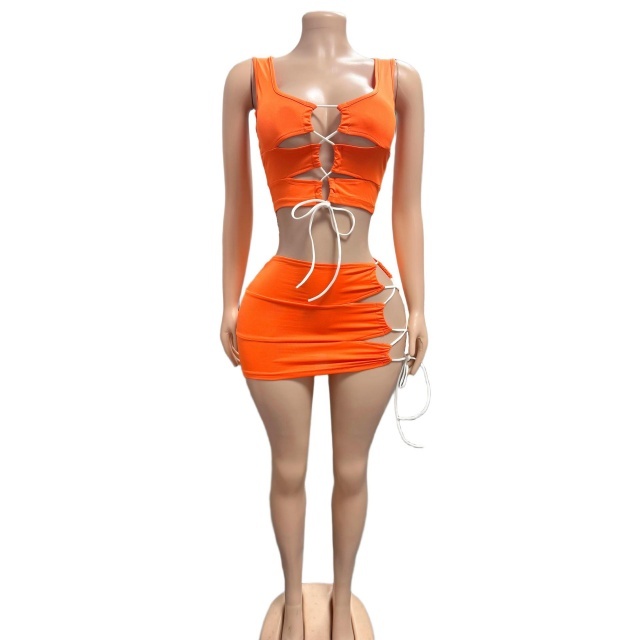 Hollow Out Laced-up Tank Top Mini Skirt Set