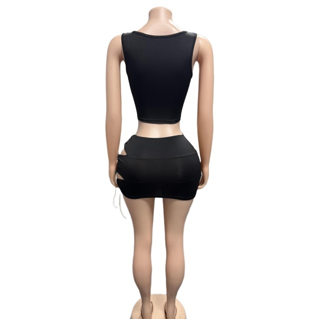 Hollow Out Laced-up Tank Top Mini Skirt Set