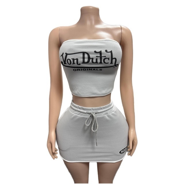 Letters Printed Tube Top Slim Fitted Skirt Set