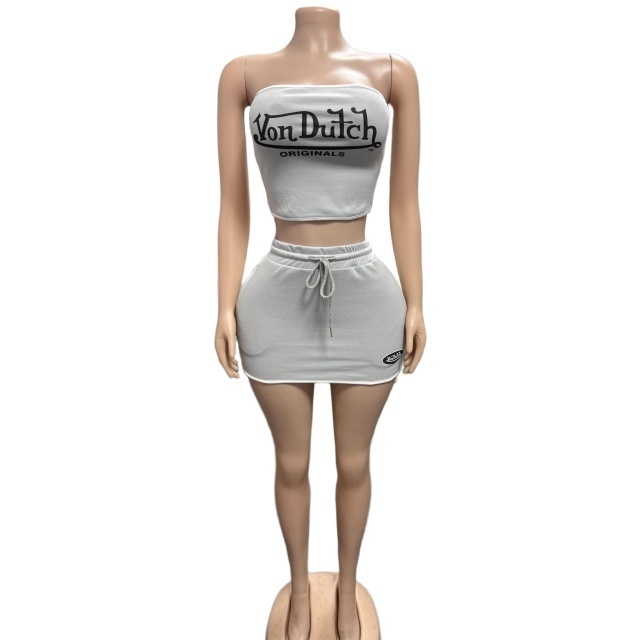 Letters Printed Tube Top Slim Fitted Skirt Set