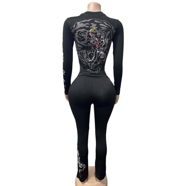 Printed Long-sleeve Top Slim Flare Pant Set
