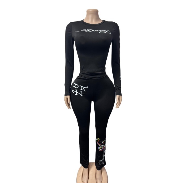 Printed Long-sleeve Top Slim Flare Pant Set