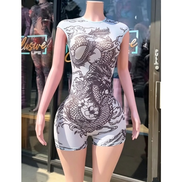 Dragon Print Sleeveless Fitted Romper