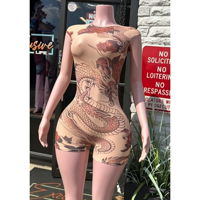 Dragon Print Sleeveless Fitted Romper