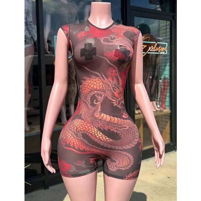 Dragon Print Sleeveless Fitted Romper