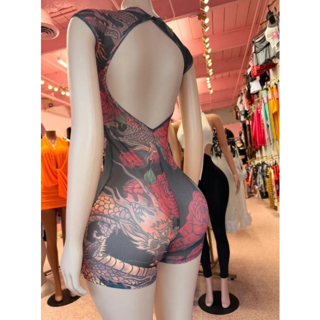 Dragon Print Sleeveless Fitted Romper