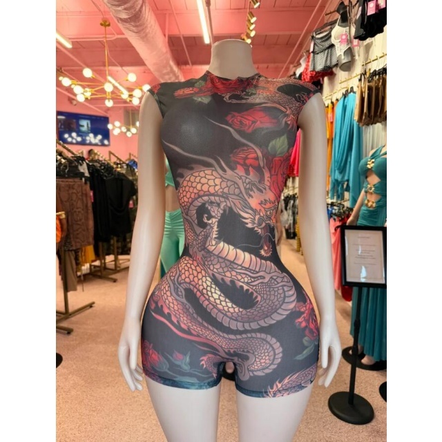 Dragon Print Sleeveless Fitted Romper