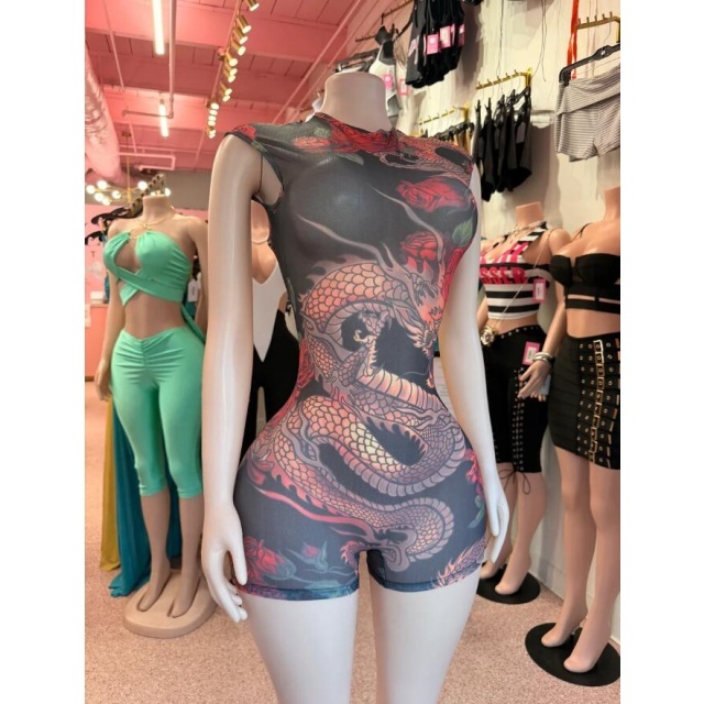Dragon Print Sleeveless Fitted Romper