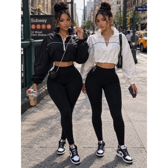 Zipped-up Short Jacket Top Fitted Pant Set
