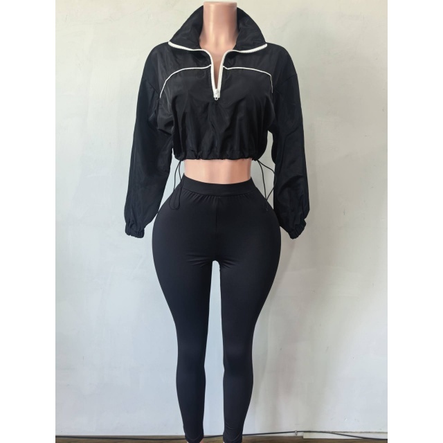 Zipped-up Short Jacket Top Fitted Pant Set