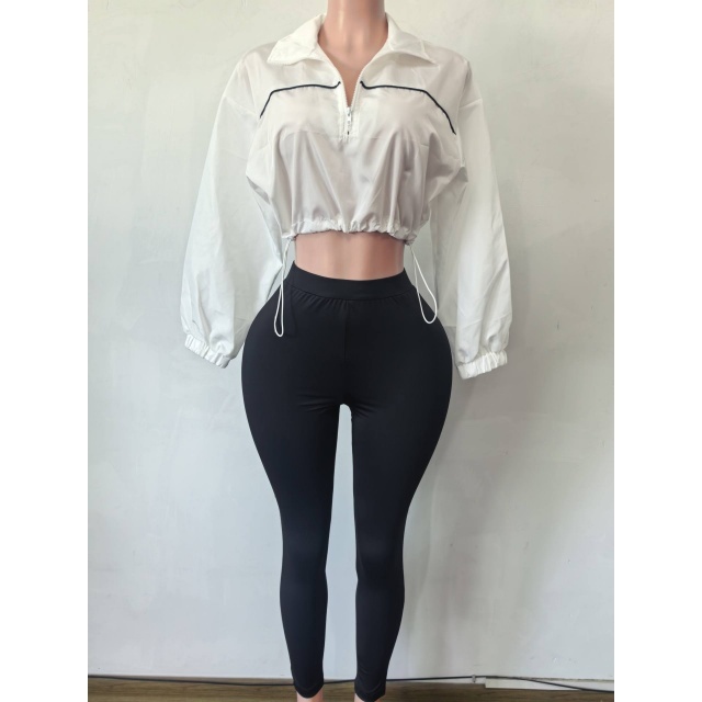 Zipped-up Short Jacket Top Fitted Pant Set