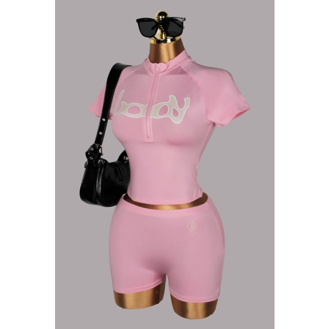 Letters Printed Zip-up Top Slim Fitted Short Set