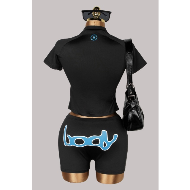 Letters Printed Zip-up Top Slim Fitted Short Set