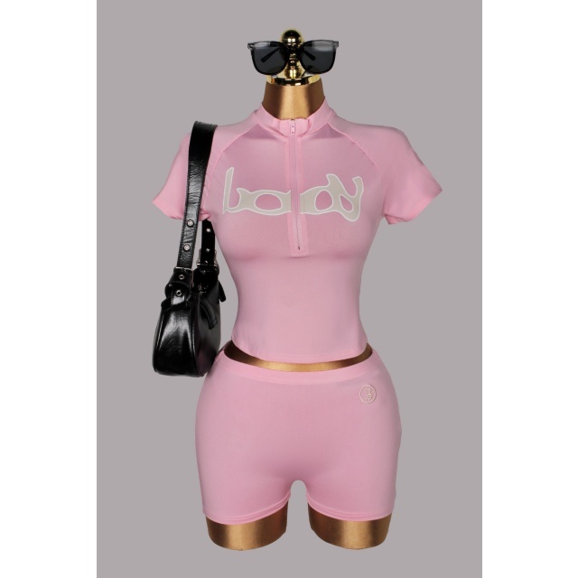 Letters Printed Zip-up Top Slim Fitted Short Set