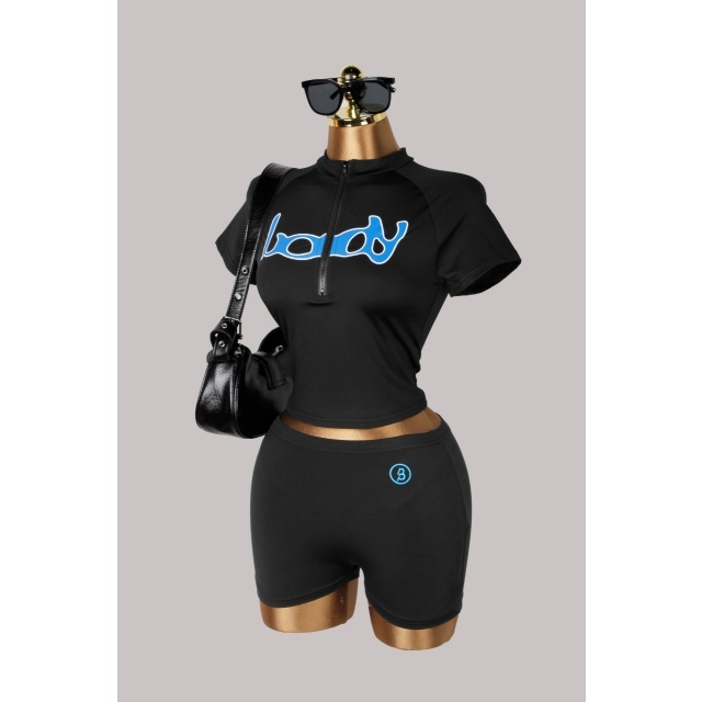 Letters Printed Zip-up Top Slim Fitted Short Set