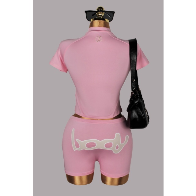 Letters Printed Zip-up Top Slim Fitted Short Set