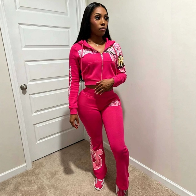 Chic Printed Hooded Jacket Top Flare Pant Set