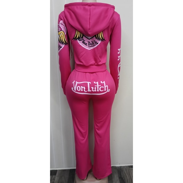 Chic Printed Hooded Jacket Top Flare Pant Set