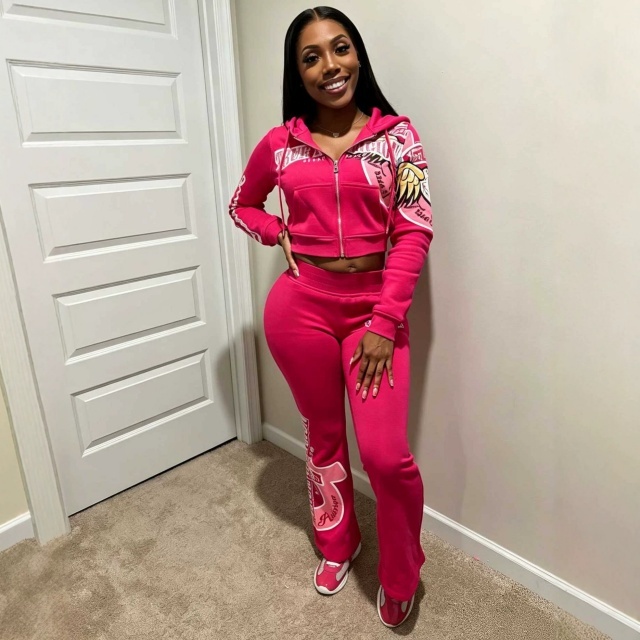 Chic Printed Hooded Jacket Top Flare Pant Set
