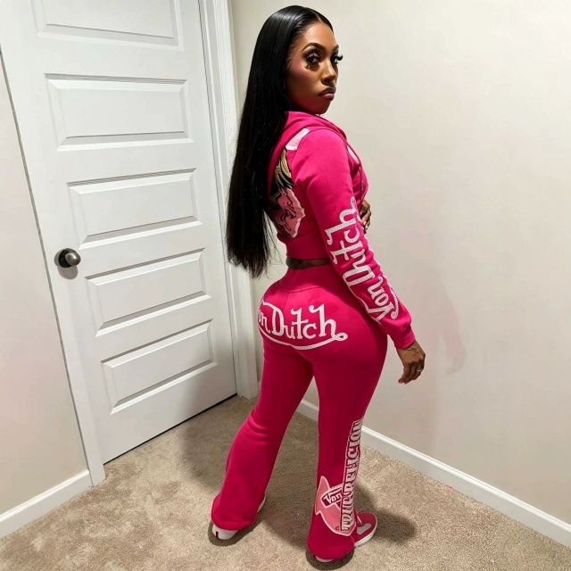 Chic Printed Hooded Jacket Top Flare Pant Set