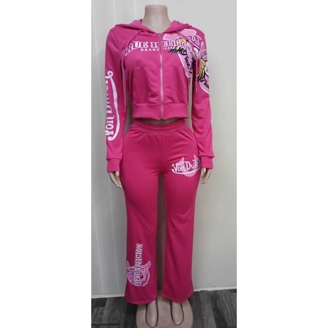Chic Printed Hooded Jacket Top Flare Pant Set