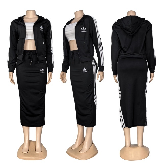 Striped Hooded Jacket Top Midi Skirt Set