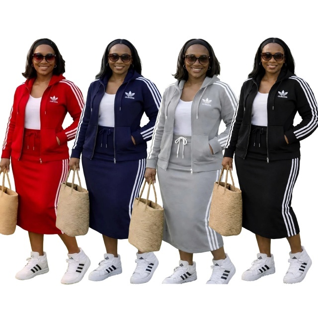 Striped Hooded Jacket Top Midi Skirt Set