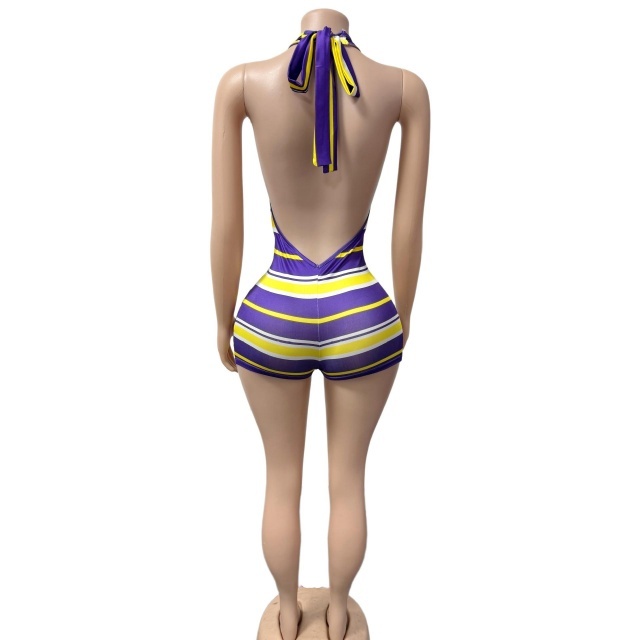 Contrast Color Striped Printed Halter Fitted Romper