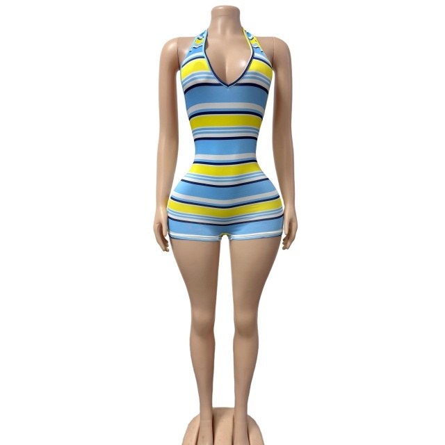 Contrast Color Striped Printed Halter Fitted Romper