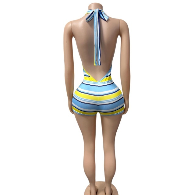 Contrast Color Striped Printed Halter Fitted Romper