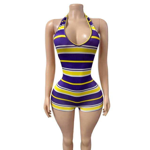 Contrast Color Striped Printed Halter Fitted Romper