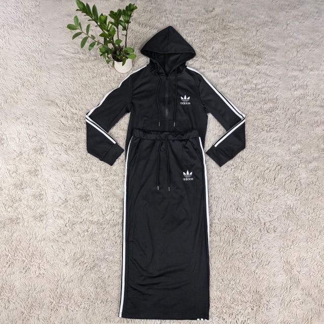 Striped Hooded Jacket Top Midi Skirt Set